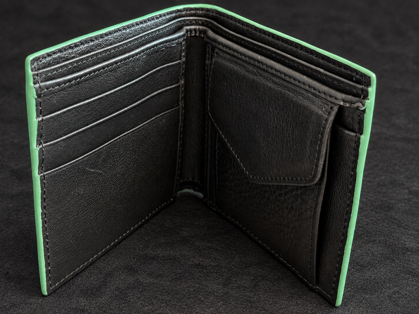 Mint-Edged Leather Wallet on Charcoal