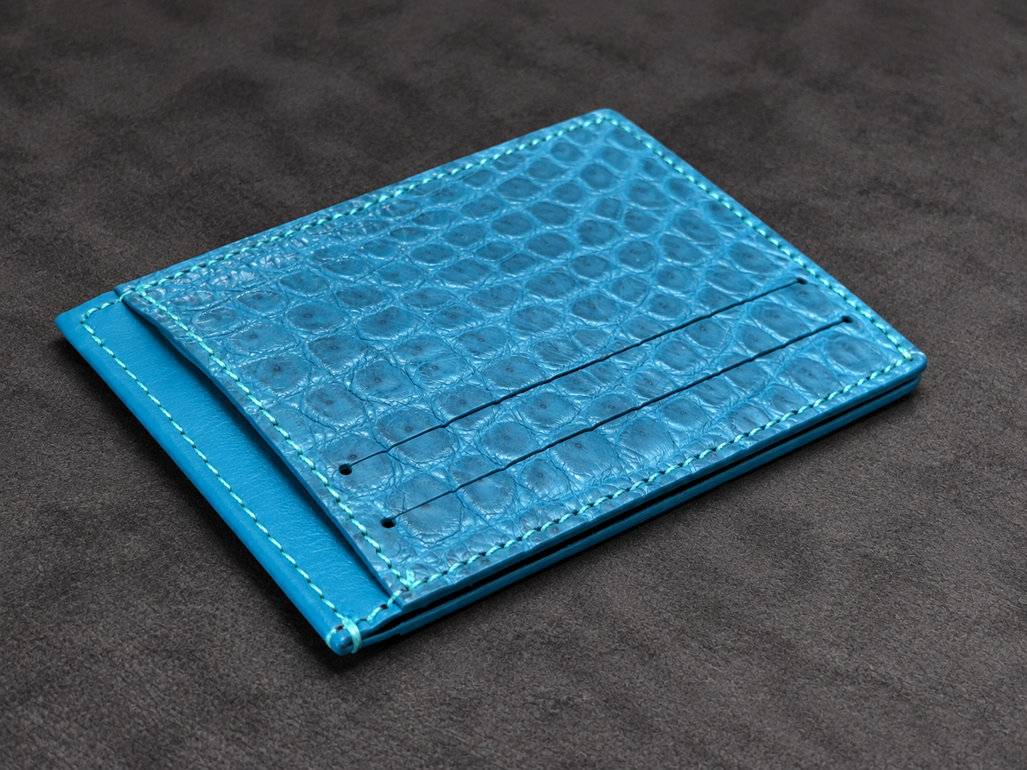 Turquoise Textured Leather Cardholder on Charcoal Gray